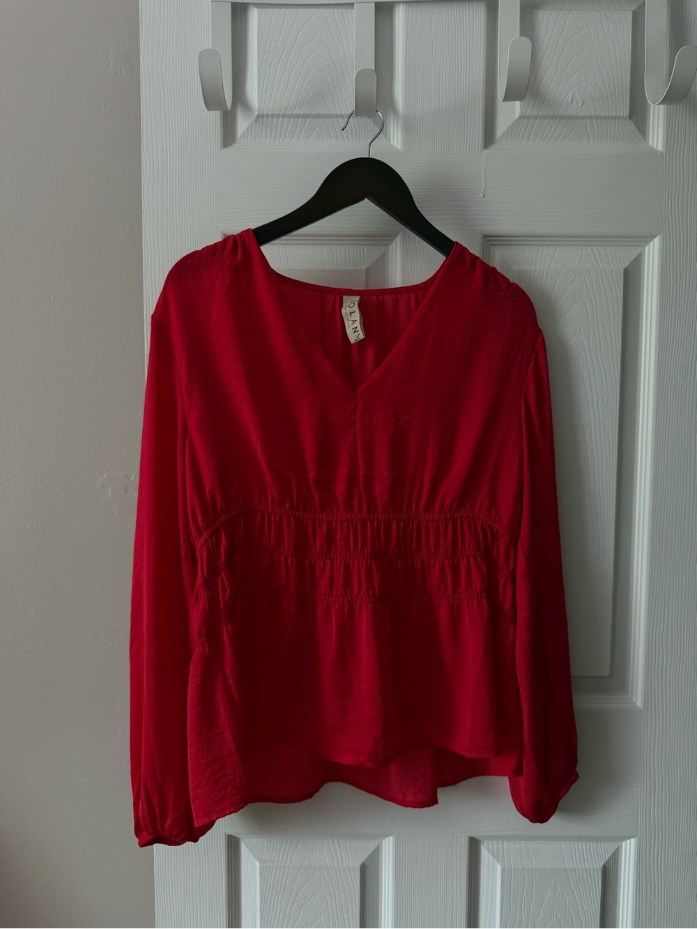 Dolan Anthropologie Red Smocked Waist V-Neck Long Sleeve Blouse Top Large